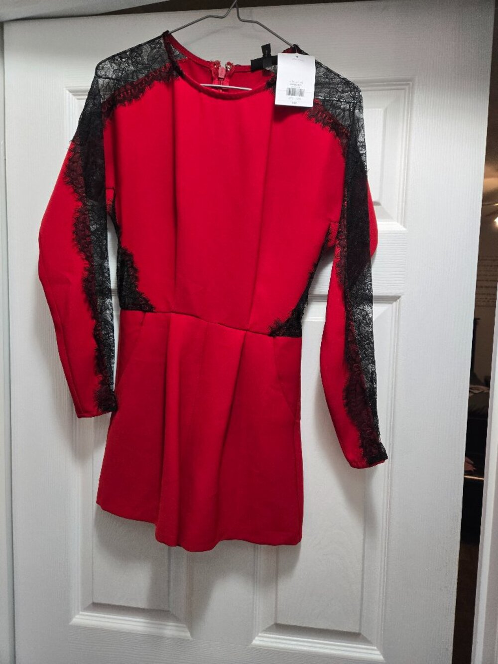 TOPSHOP Red w/Black Lace Trim Romper- Size 2
